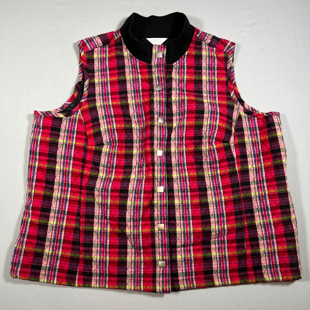 CJ Banks Christopher & Banks Red Plaid Quilted Vest 2X Mock Neck Snap Front
